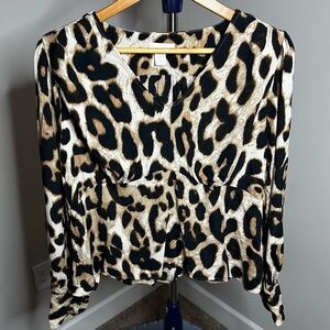 H&M Leopard Print Long Sleeve Peplum Blouse - Size Medium